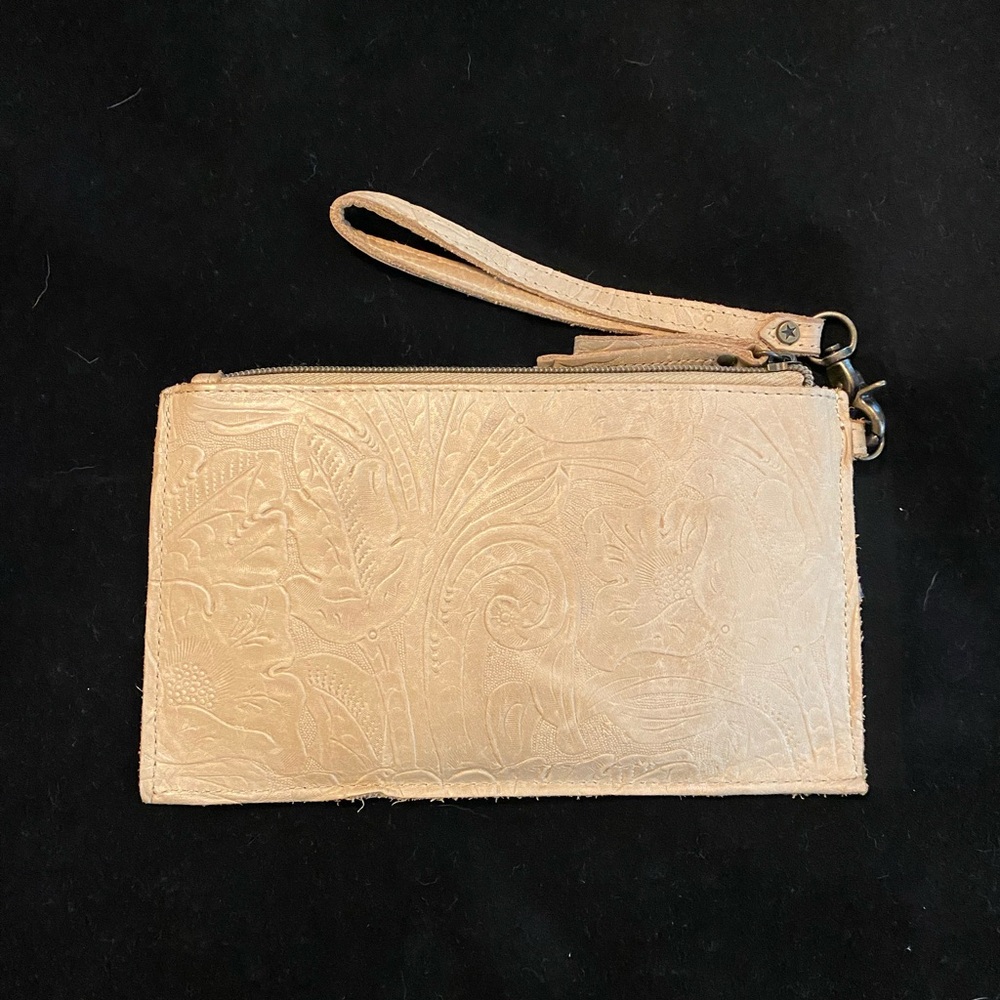 Tan Embossed Leather Wristlet